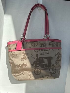 Coach Beige Signature Carriage Tote with Pink Trim